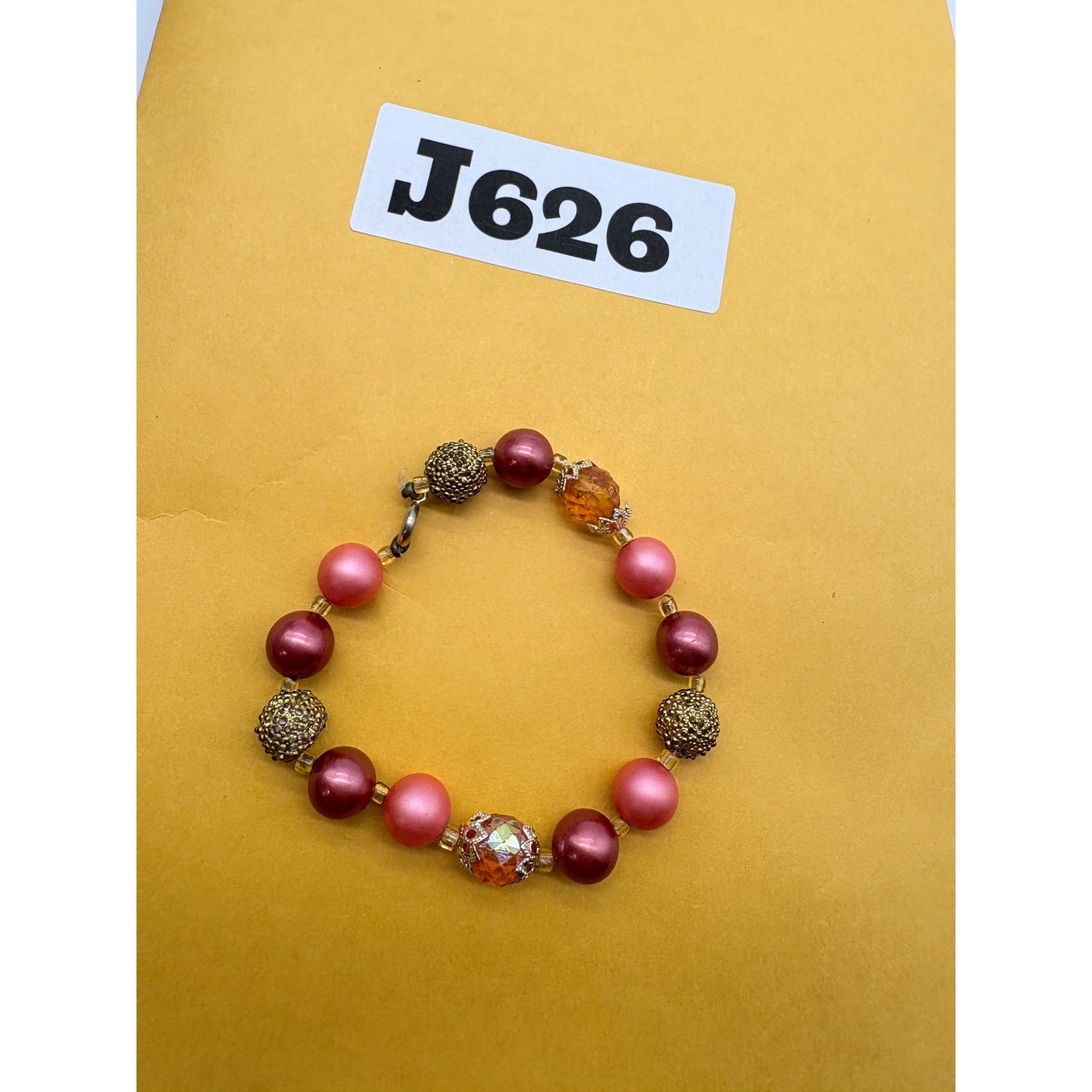 Handmade Pink Burgundy Faux Pearl Beaded Bracelet Gold Stardust Accents 6.25in