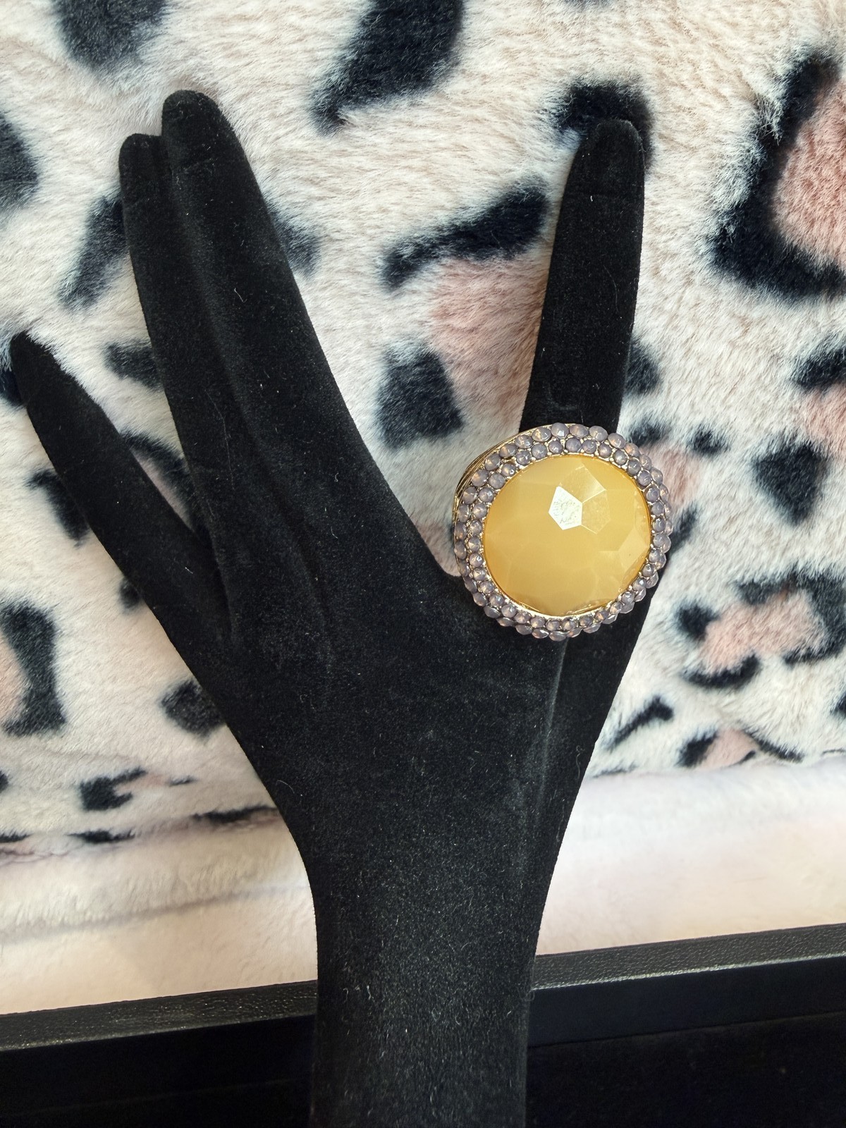 Gold Tone Cocktail Ring Amber Stone Lavender Rhinestone Halo Statement Ring