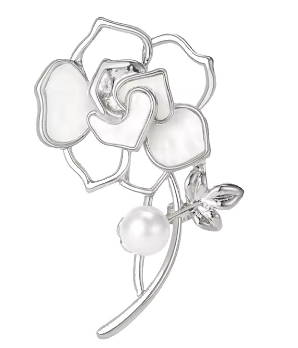 Vintage Style Camellia Flower Brooch Silver White Pearl Floral Pin Gift Jewelry