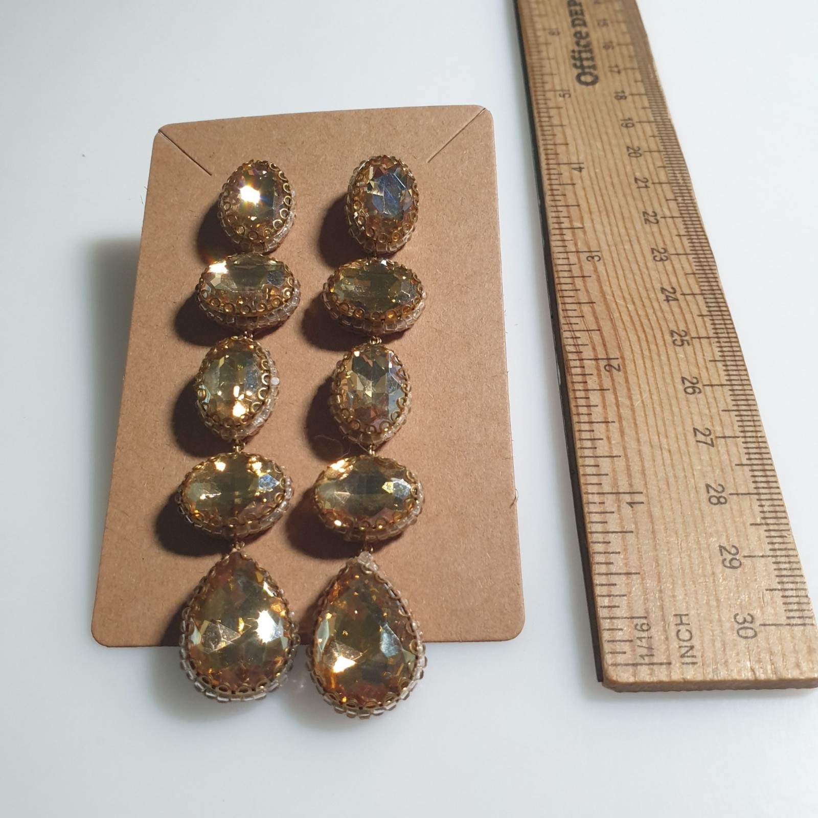 Gold Crystal Five Drop Dangle Earrings 3.5 In Jewelry Elegant Drag Theater Gift