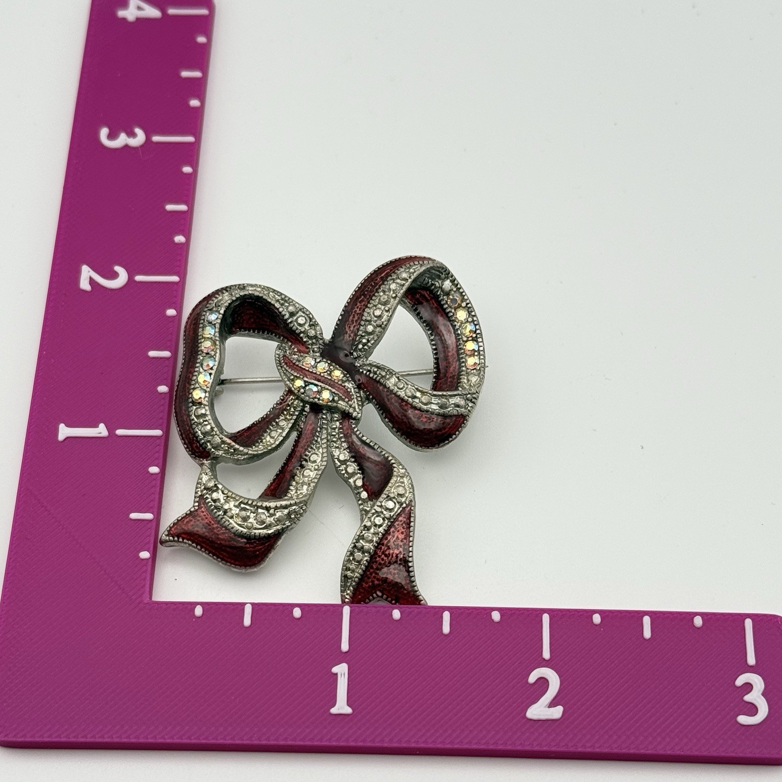 Bow Brooch Red Enamel Aurora Borealis Rhinestone Silver Tone Ribbon Pin 0032