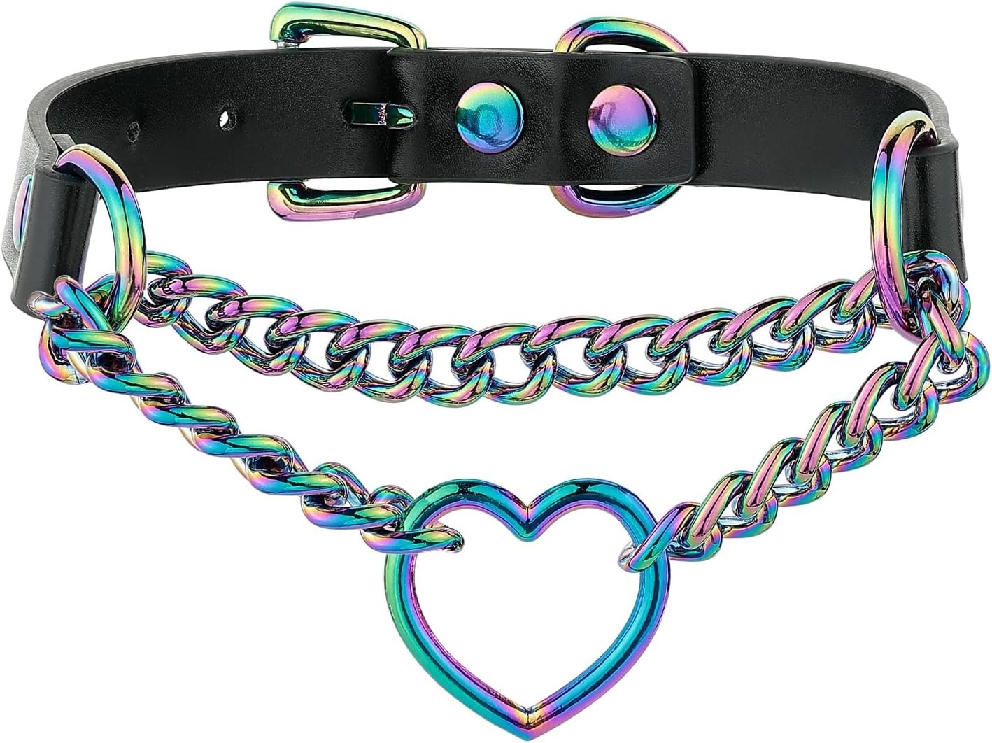 Unique Black Leather Choker with Rainbow Heart Ring, Adjustable Fit