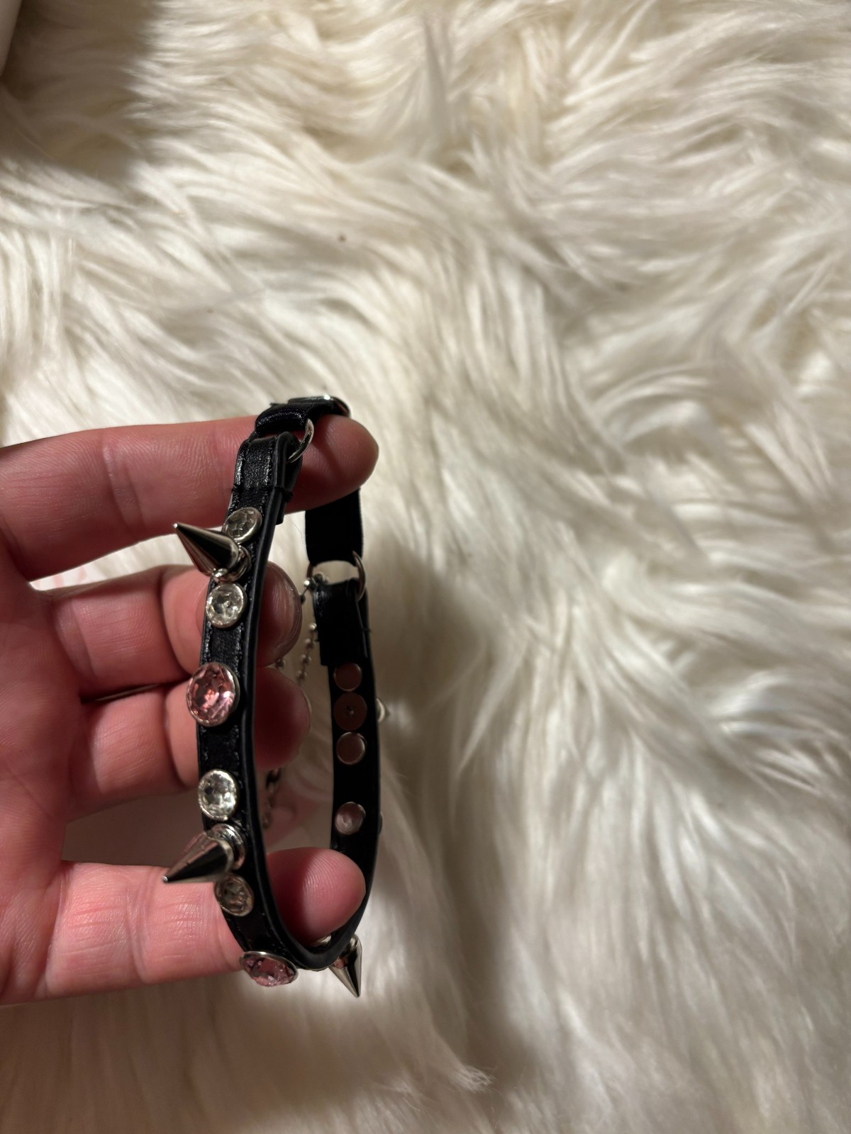 No Dress Diamante Rhinestone Spiked Collar Black Leather Dog Cat Chocker size F