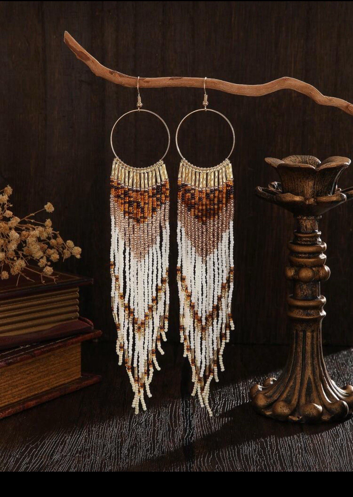 Extra Long Handmade Seed Bead Earrings Gold Round Hoop Gold White Brown Beaded