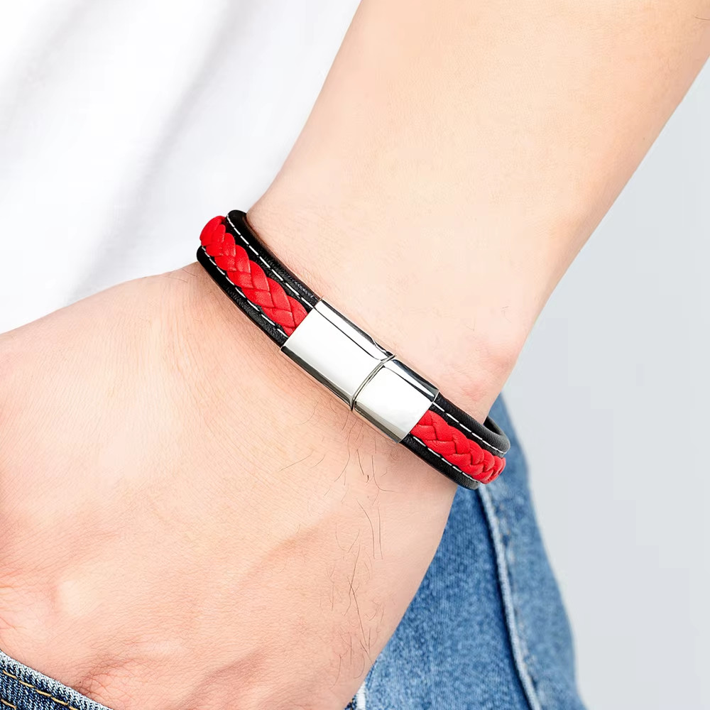 Black & Red Braided Rope Leather Bracelet Men Stainless Steel Charm Jewelry Bang