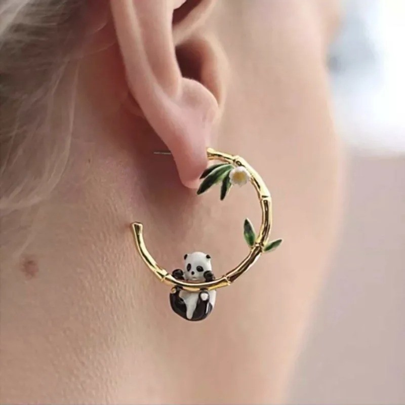 Panda Bamboo Stud Earrings for Women Cute Animal Copper Fashion Jewelry Gift