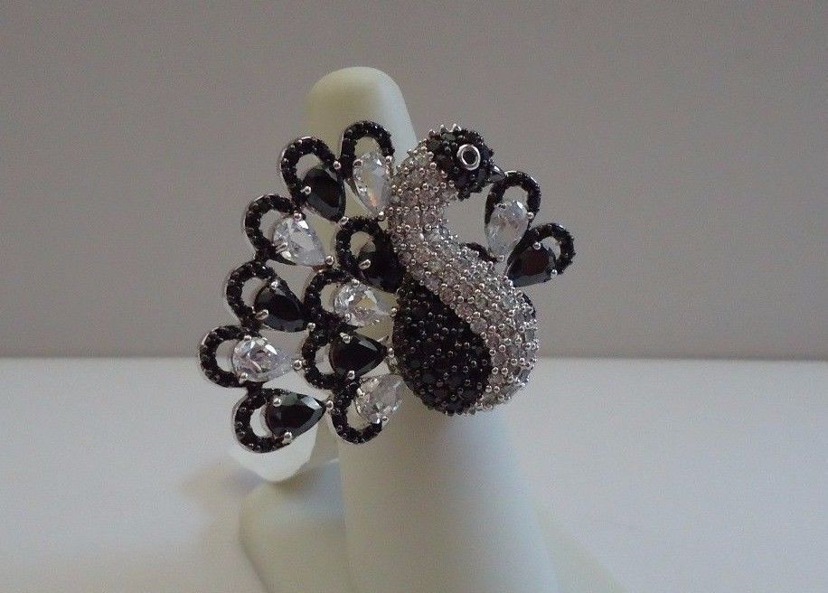 925 STERLING SILVER PEACOCK RING W/ 10 CT WHITE & BLACK LAB SIMULANT DIAMONDS