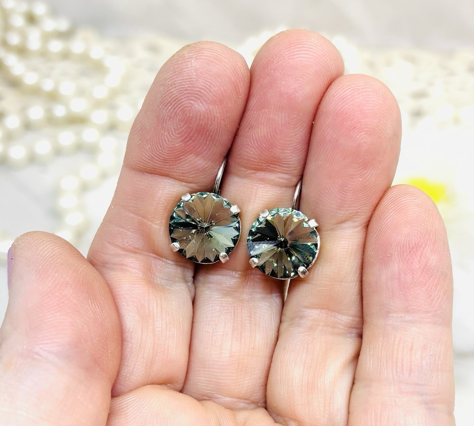 12mm Antique Silver Plated Dark Gray Crystal Cup Chain Earrings