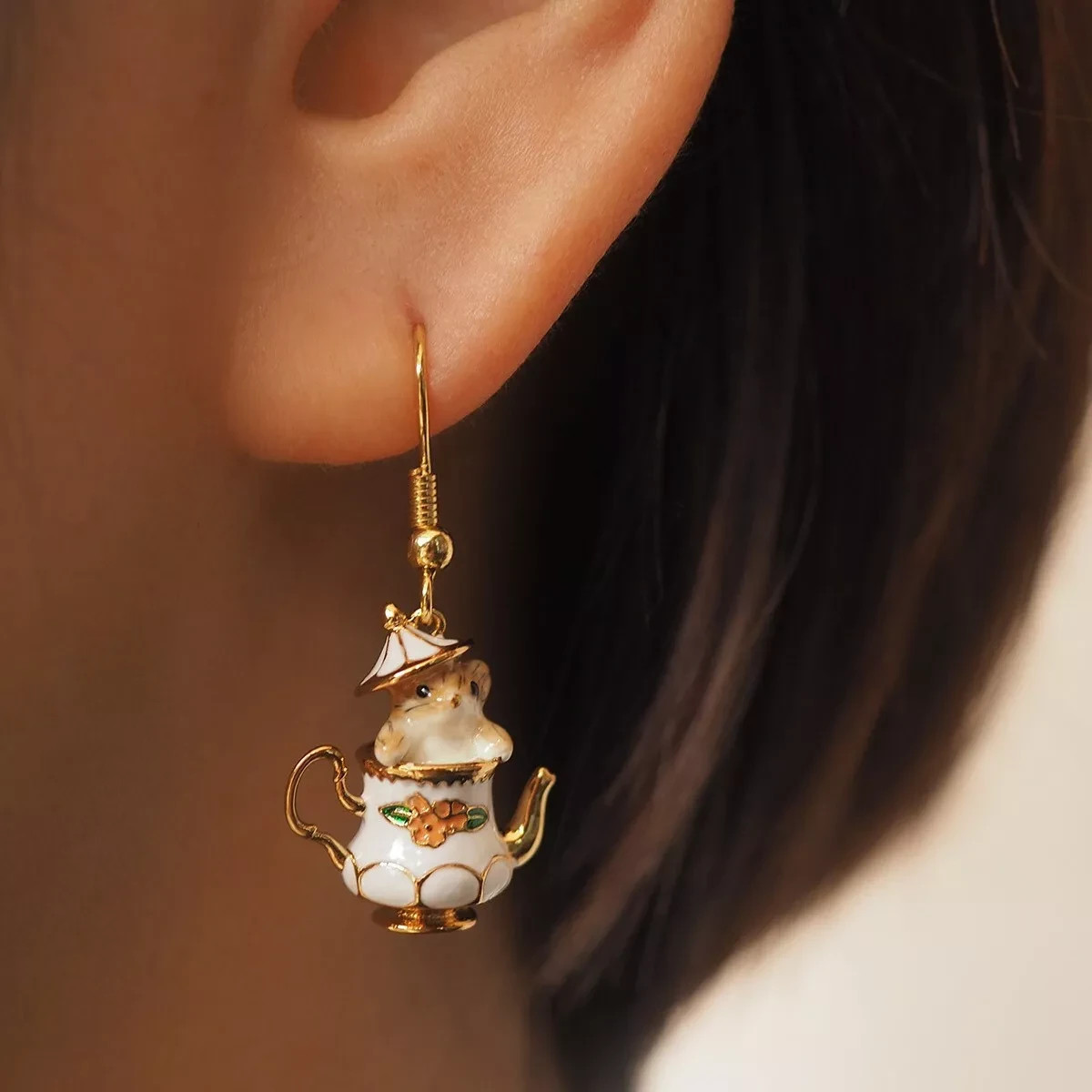 Mouse in Teapot Earrings – Whimsical Copper Novelty Earrings – Cute Tea Cup Dang
