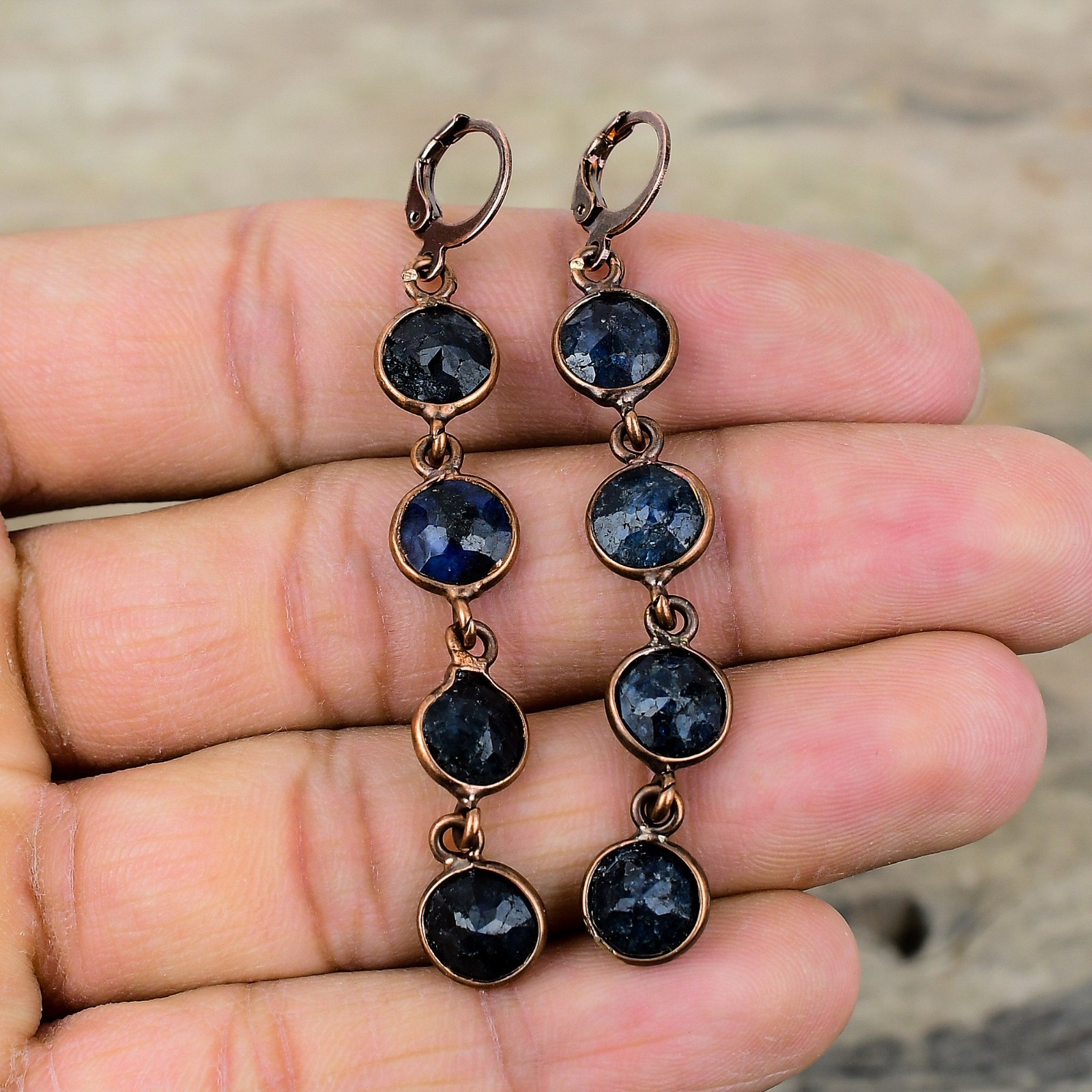Halloween Deal Blue Saphire Gemstone Drop Dangle Electroformed Earrings Copper