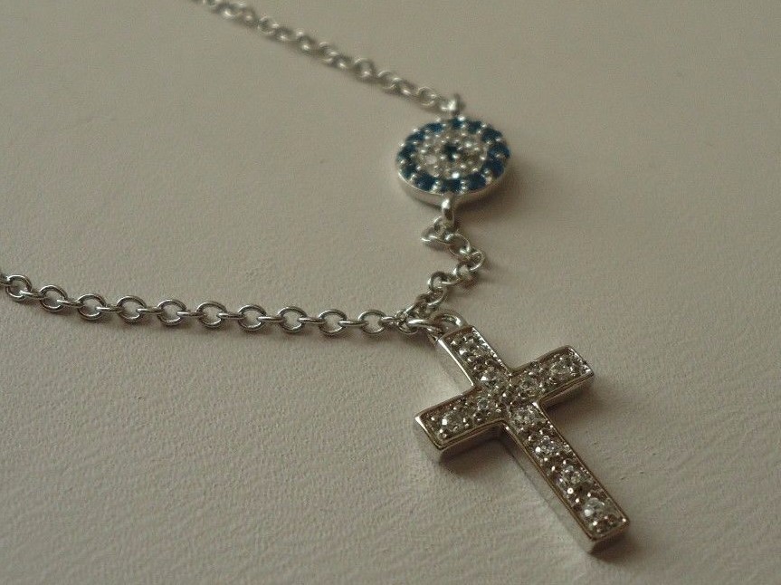 CROSS PENDANT NECKLACE W/ .75 CT WHT/ BLUE LAB DIAMONDS / 925 STERLING SILVER