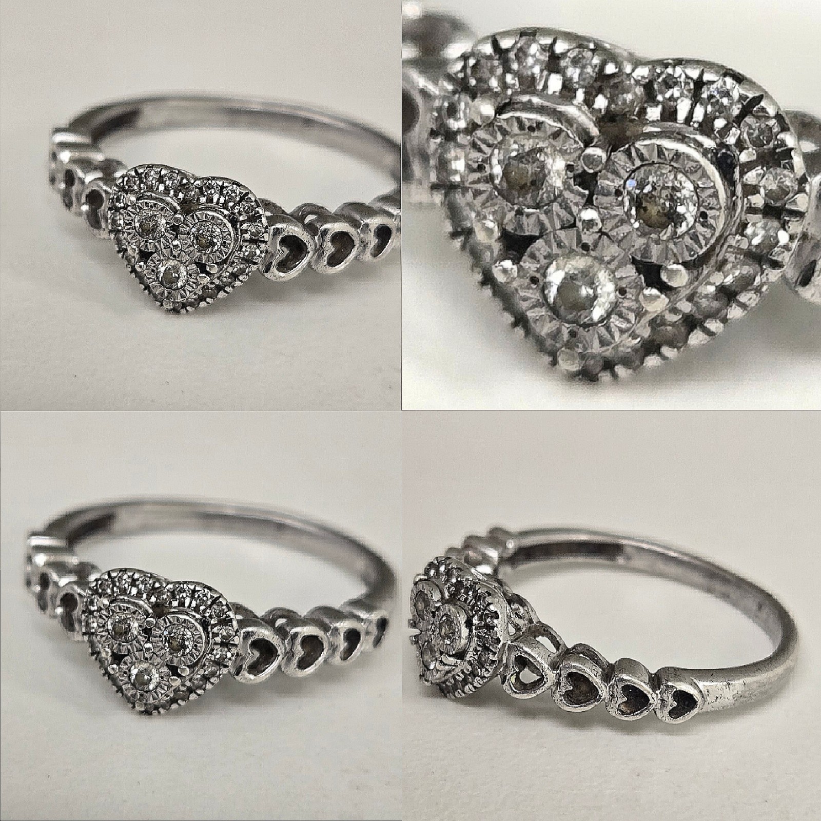 Silver Heart Real Diamond Cluster Cocktail Band Ring Size 6