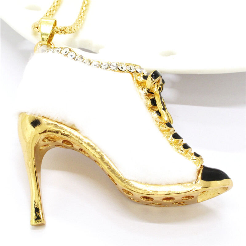 New Fashion Women White Lambskin Shoes Vintage Crystal Pendant Chain Necklace