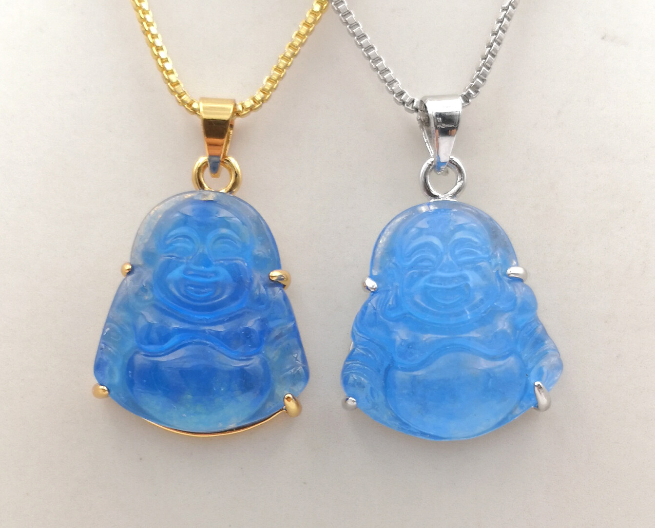 Green Multicolor Jade Laugh Maitreya Buddha 18KGP Lettering Pendant Necklace