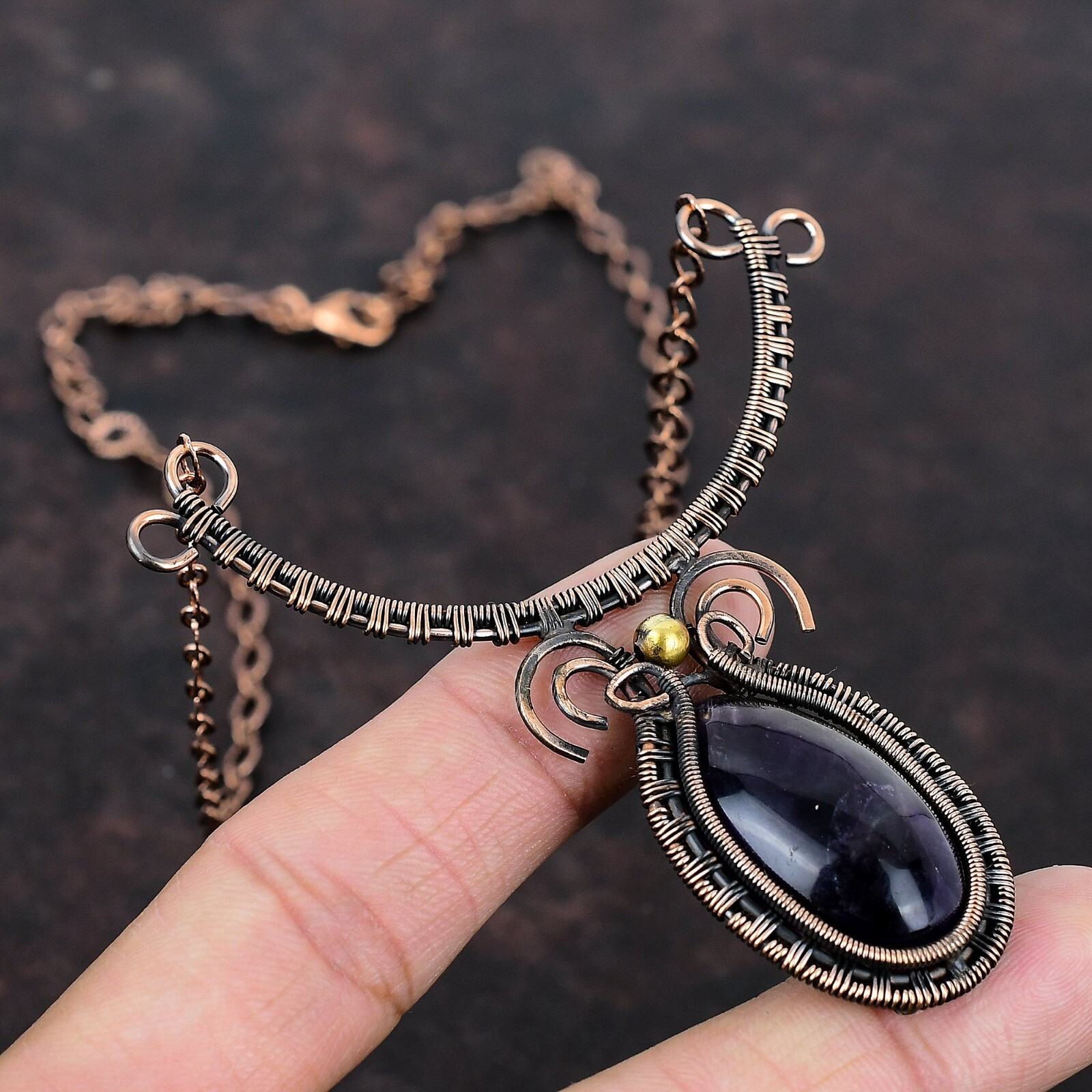 Chevron Amethyst Wire Wrapped Adjustable Handcrafted Copper Unique 18.0″