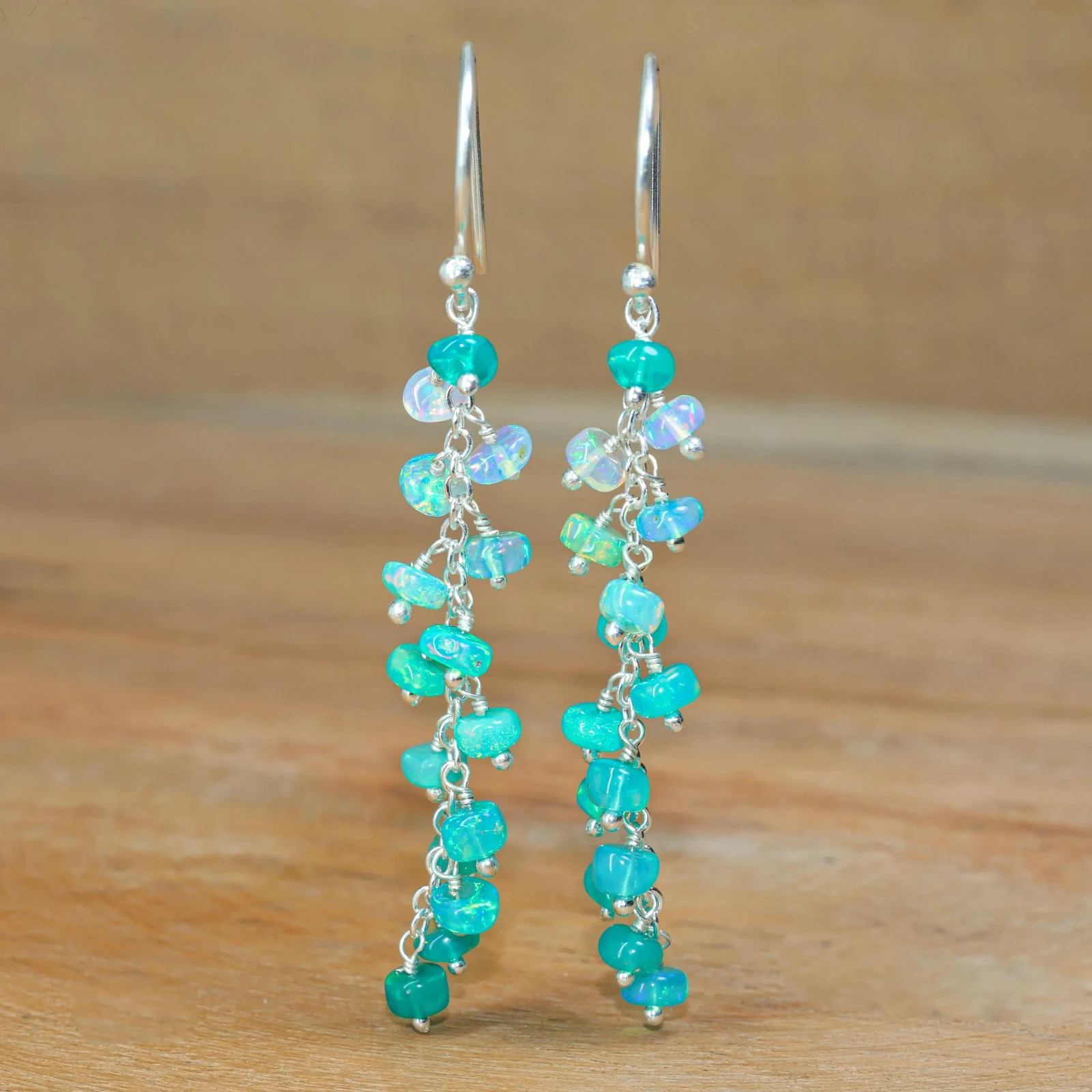 Beautiful Fire Green Opal Cluster Earring, Natural Opal Shaded Beads Earring