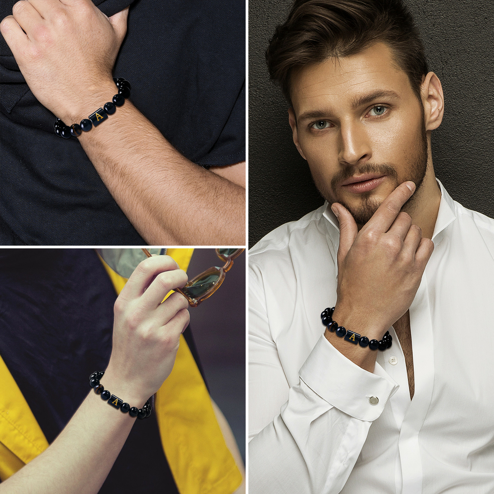 Initial Letter Bracelet For Men Black Onyx Tiger Eye Stone Beads Bracelet 10mm