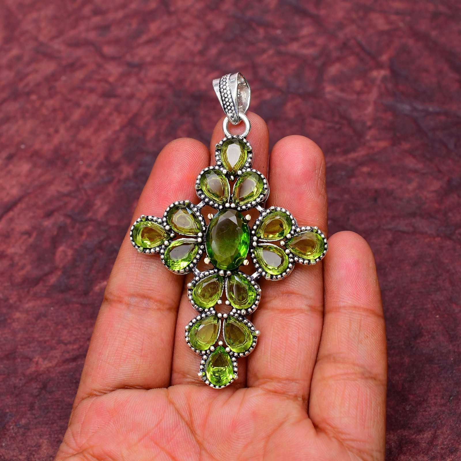 Peridot Gemstone 925 sterling silver Handmade Cross Pendant jewelry 2.75″