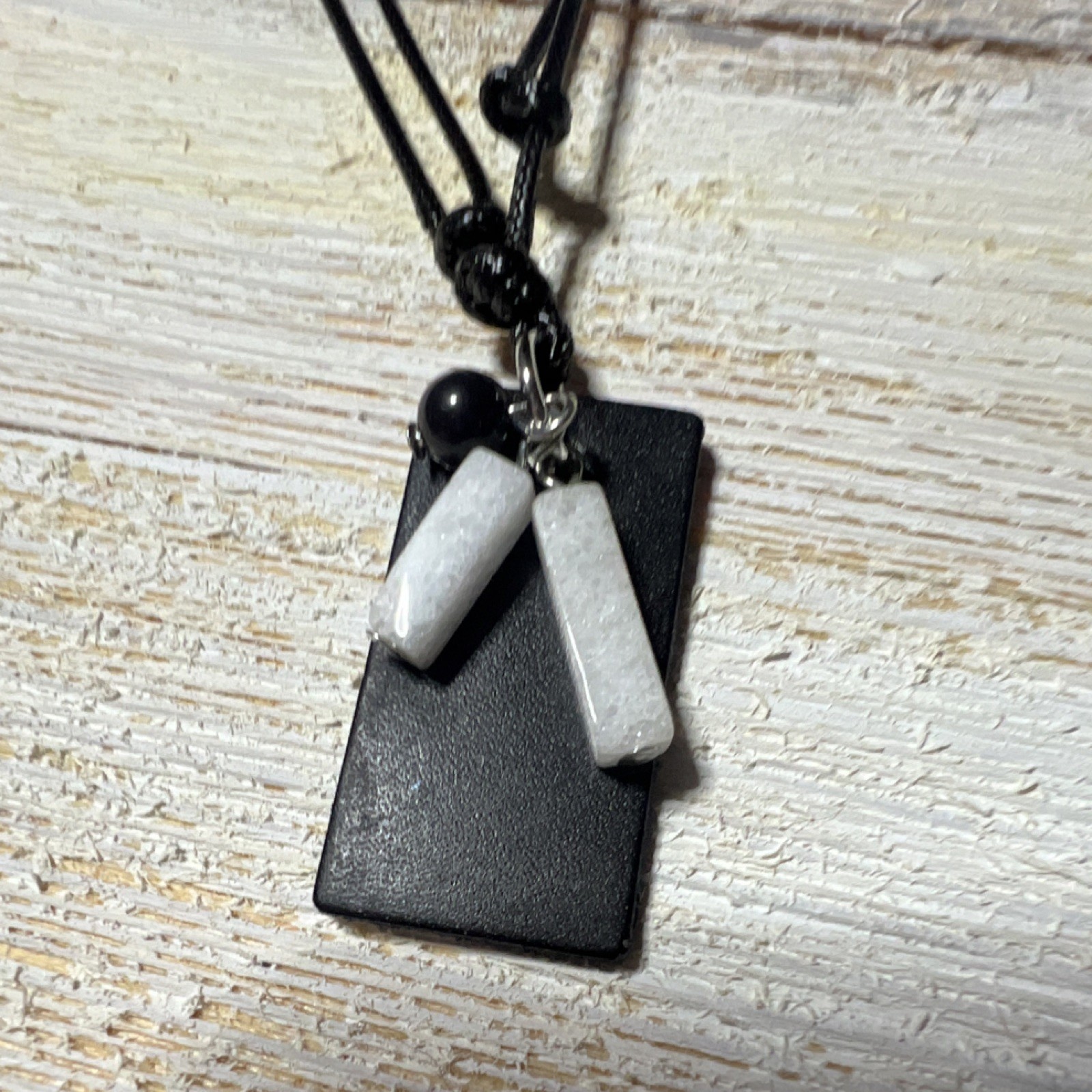 Black Cord Pendant Necklace w/ leather & 2 White crystal Dangles