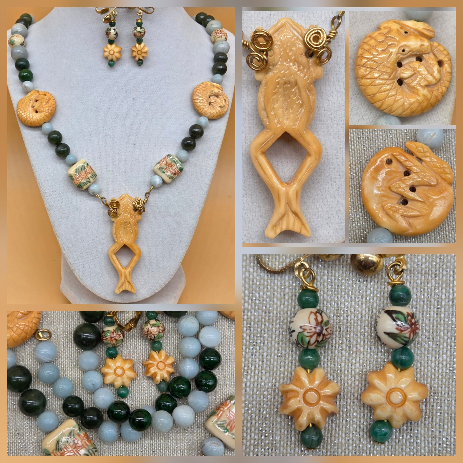 Carved Frog/Lizard/Alligator Reversible Jade/Agate Stone Necklace & Earrings
