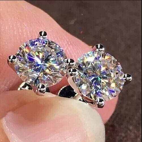 Round Cut 2 Ct Lab Created Diamond Solitaire Stud Earrings 14K White Gold Finish