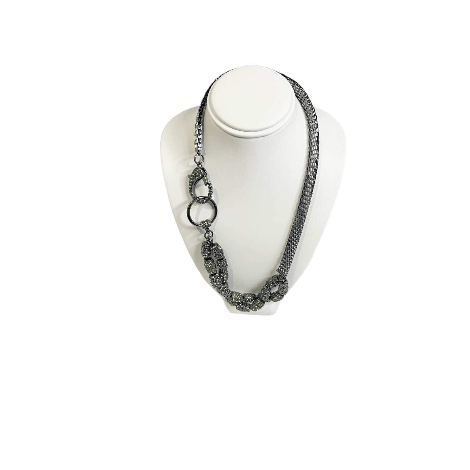 Gunmetal Gray Necklace Interlocking Metal Mesh Links Shiny Tube Beads Strand