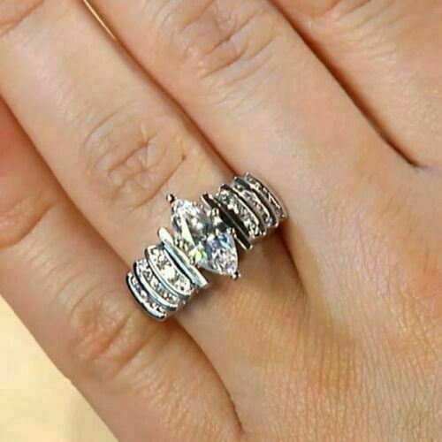 1.45Ct Simulated Marquis Diamond 14K White Gold Plated Silver Engagement Ring