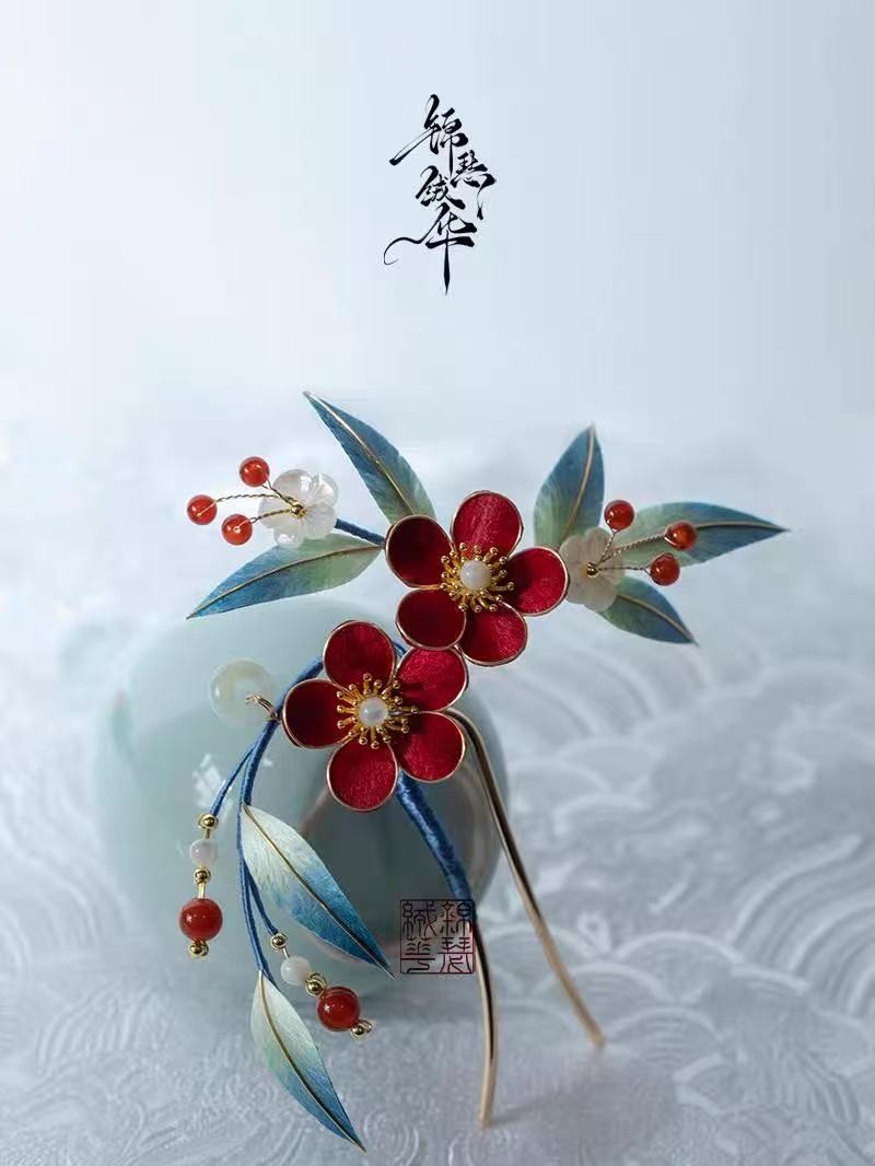 Intangible Cultural Heritage Handmade Silk Velvet Cloisonne Plum Blossom Hairpin