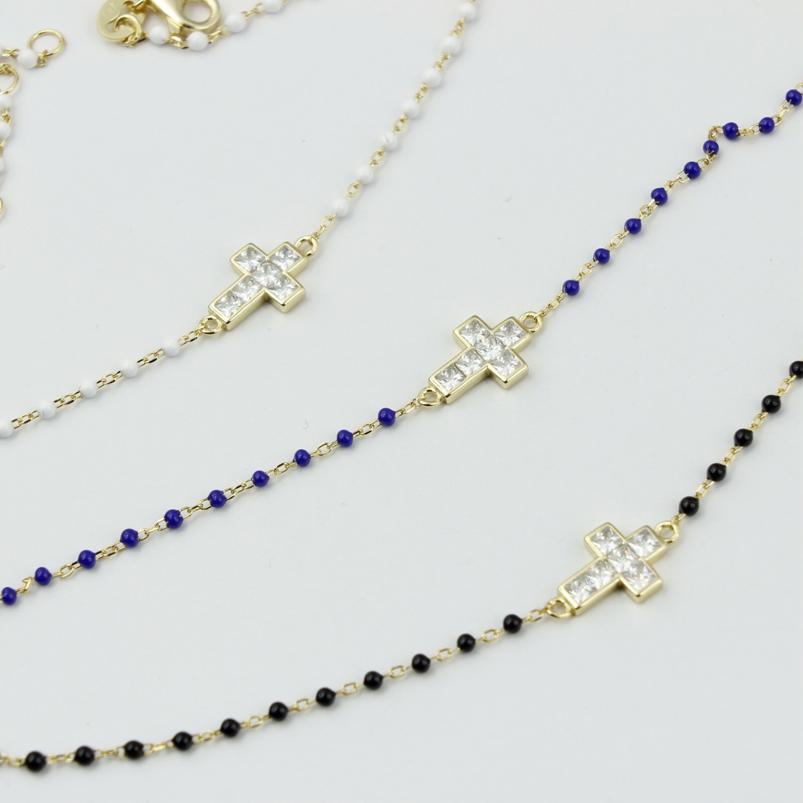 Women 925 Sterling Silver Bohemia Beaded Gold CZ Cross Religious Bracelet 6-7.8″