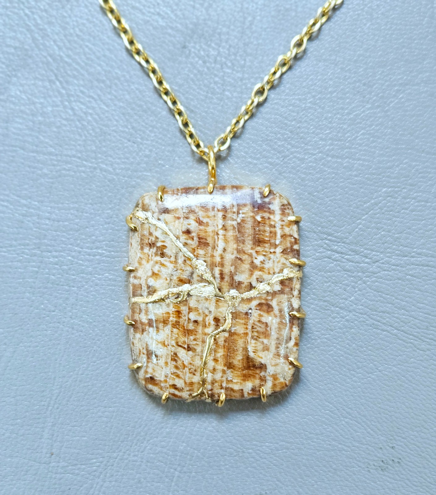Necklace Aragonite Kintsugi Art Japanese Jewelry Handmade Gold Pendant