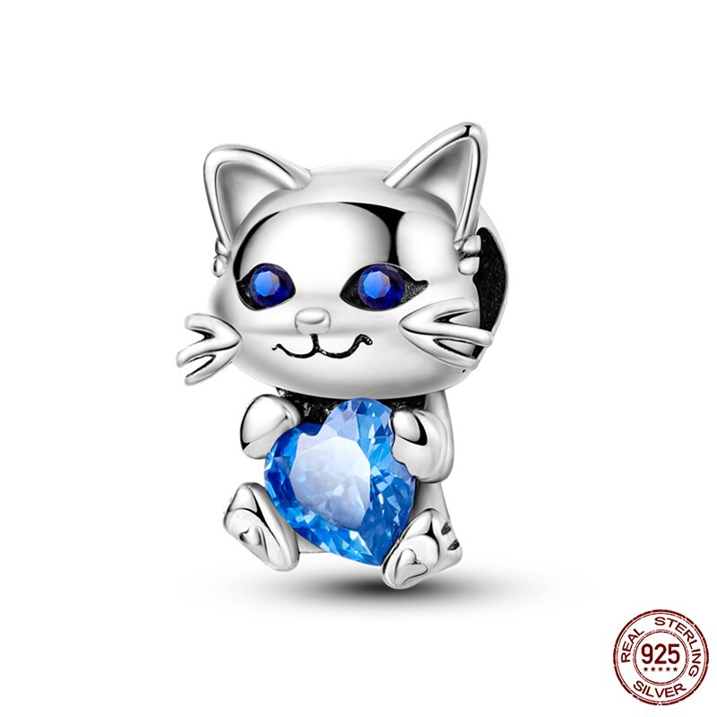 New S925 Sterling Silver Blue Heart Love Cute Cat Charm bead universal size