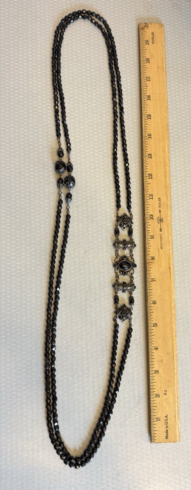 Vintage SWEET ROMANCE USA Victorian Revival Black Glass Bead Brass Necklace 42”