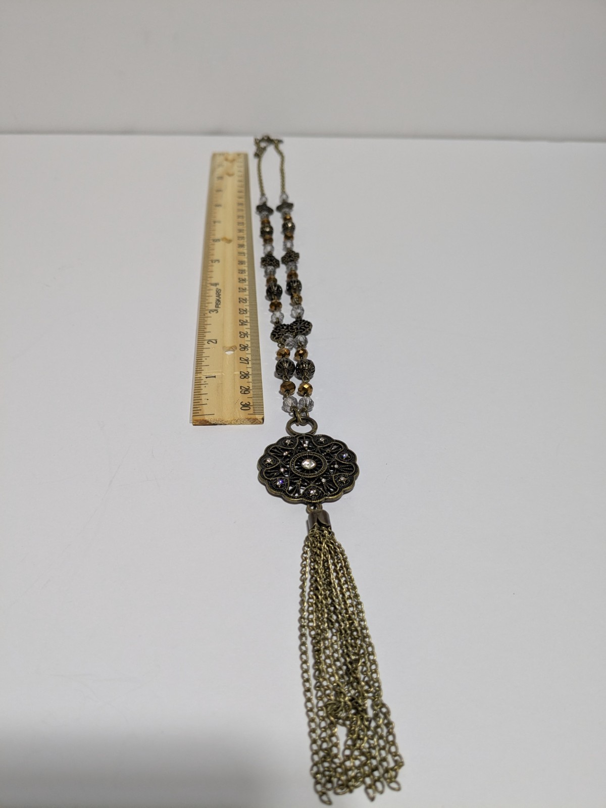 Gold Tone Y Drop Tassel Pendant Necklace With Acrylic Beads & Rhinestones 28″