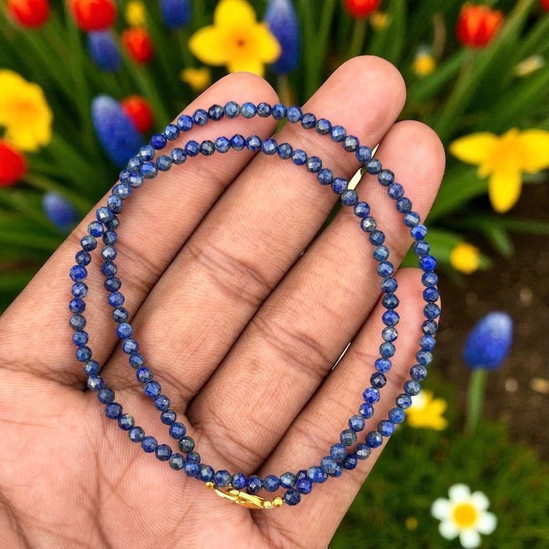 Lapis Lazuli Faceted Round Gemstone Beads Choker Necklace 18” Mom B’day Gifts