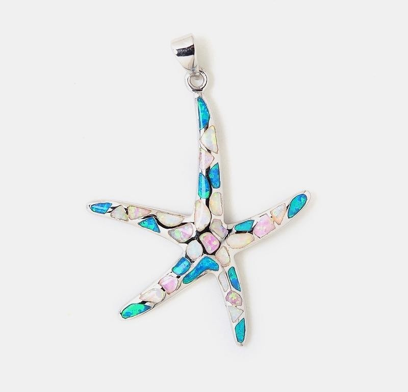36MM RHODIUM 925 SILVER MIXED-COLOR OPALS HAWAIIAN PE’A STARFISH LARGE PENDANT