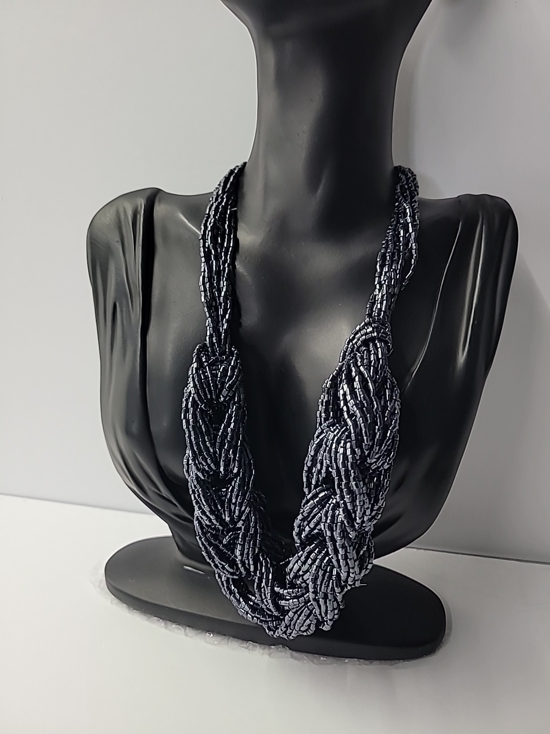 Multi Strand Seed Bead Necklace Twisted Navy Black Statement Jewelry