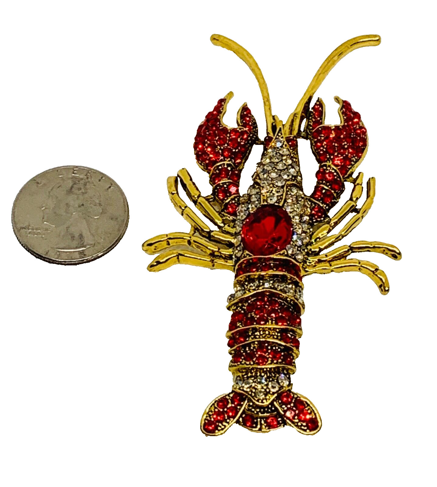 HUGE 3 3/4″ H x 2 1/4″ W Red & Clear Rhinestones Gold Tone Lobster Brooch Pin
