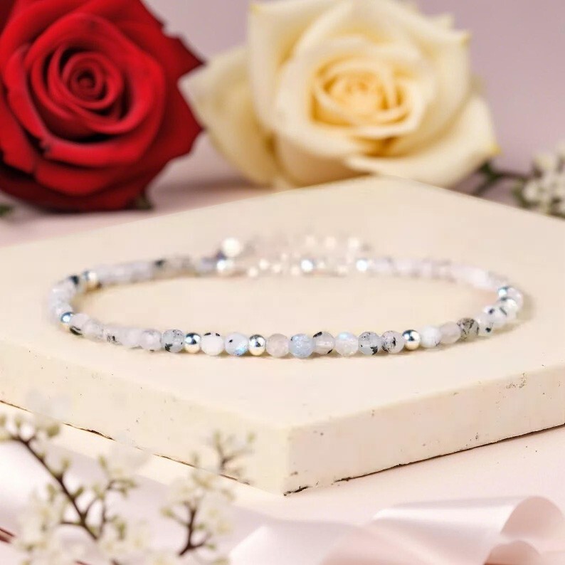 Rainbow Moonstone Crystal Gemstone Dainty Bracelet Minimalist 3mm Faceted Beads
