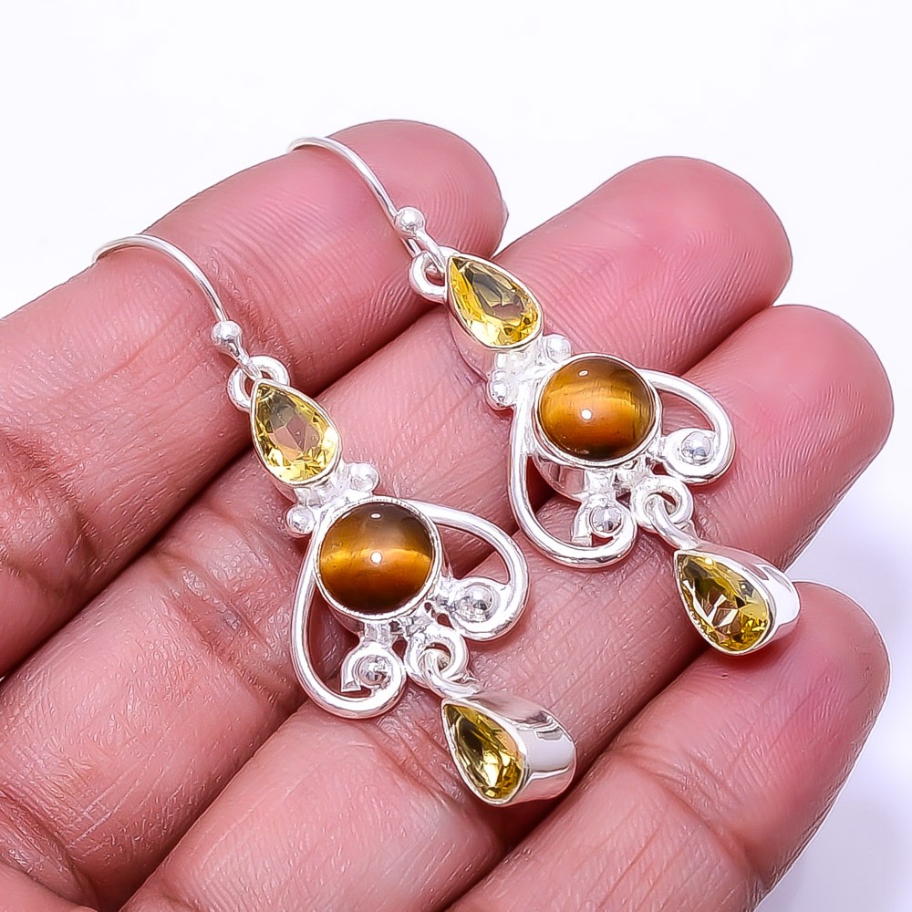 Yellow Tiger Eye, Citrine Multi Collet 925 Sterling Silver Earring 1.95″ E19