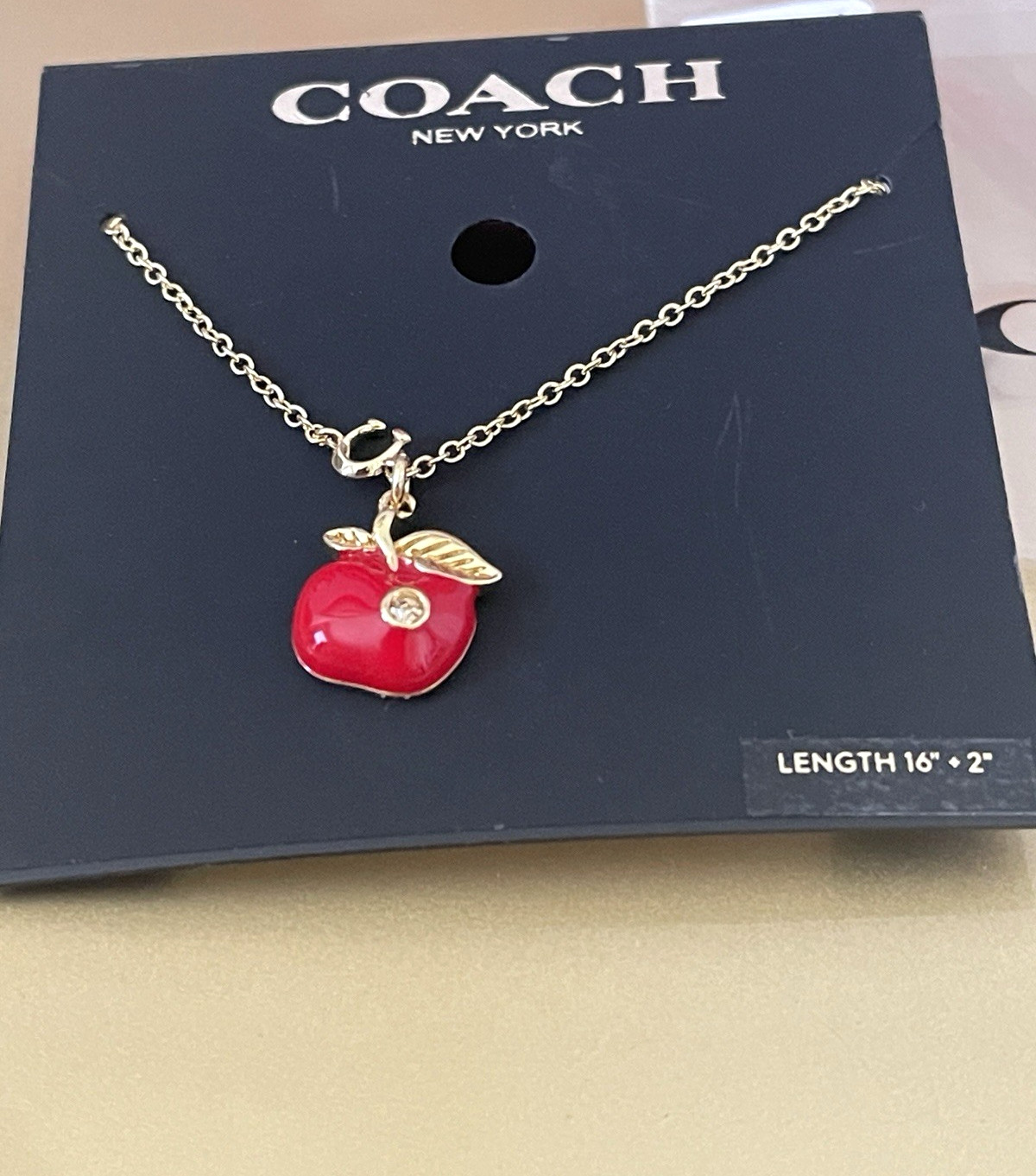 COACH Signature Glossy RED Apple Pendant Necklace Enamel/Crystal NEW w Tags