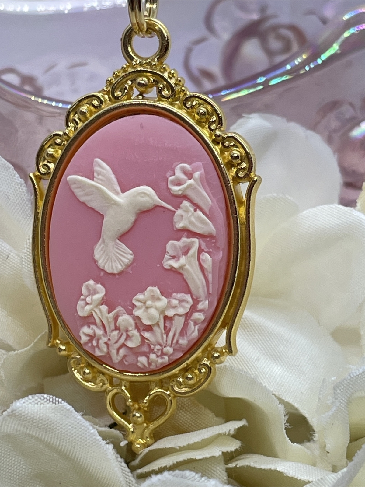 PINK Hummingbird Necklace Heart Cameo Mom Daughter Gold wedding JEWELRY Easter
