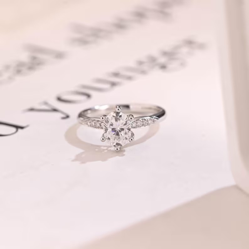 Solitaire Oval Moissanite With 18k White Gold Plated Silver Women’s Ring #175