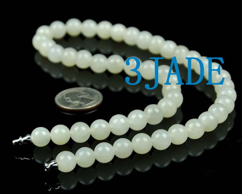 18″ Natural White Hetian Nephrite Jade Beads Necklace w/Certificate