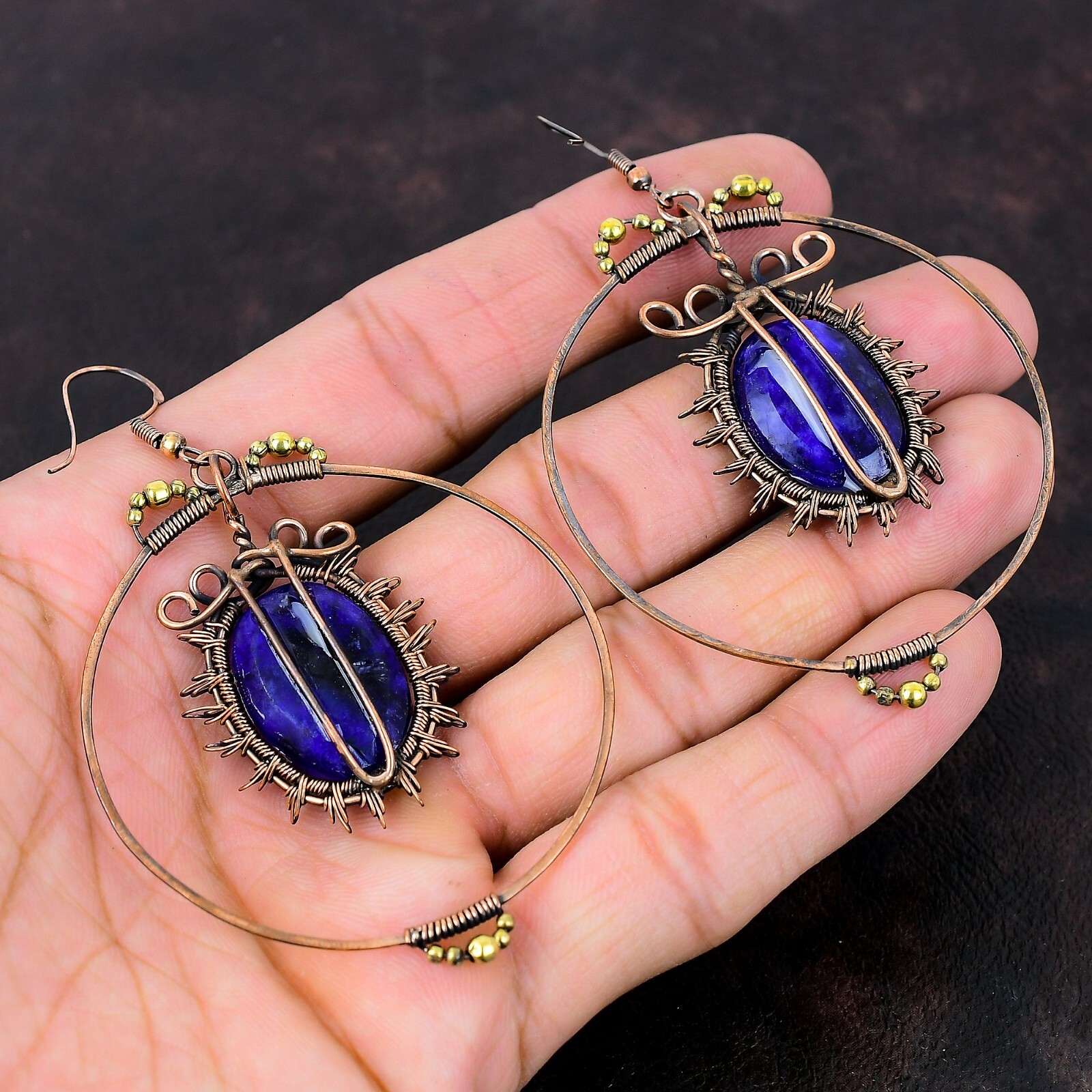 Blue Saphire Copper Gift For Bridesmaid Wire Wrapped Drop/Dangle Earrings 3.43″
