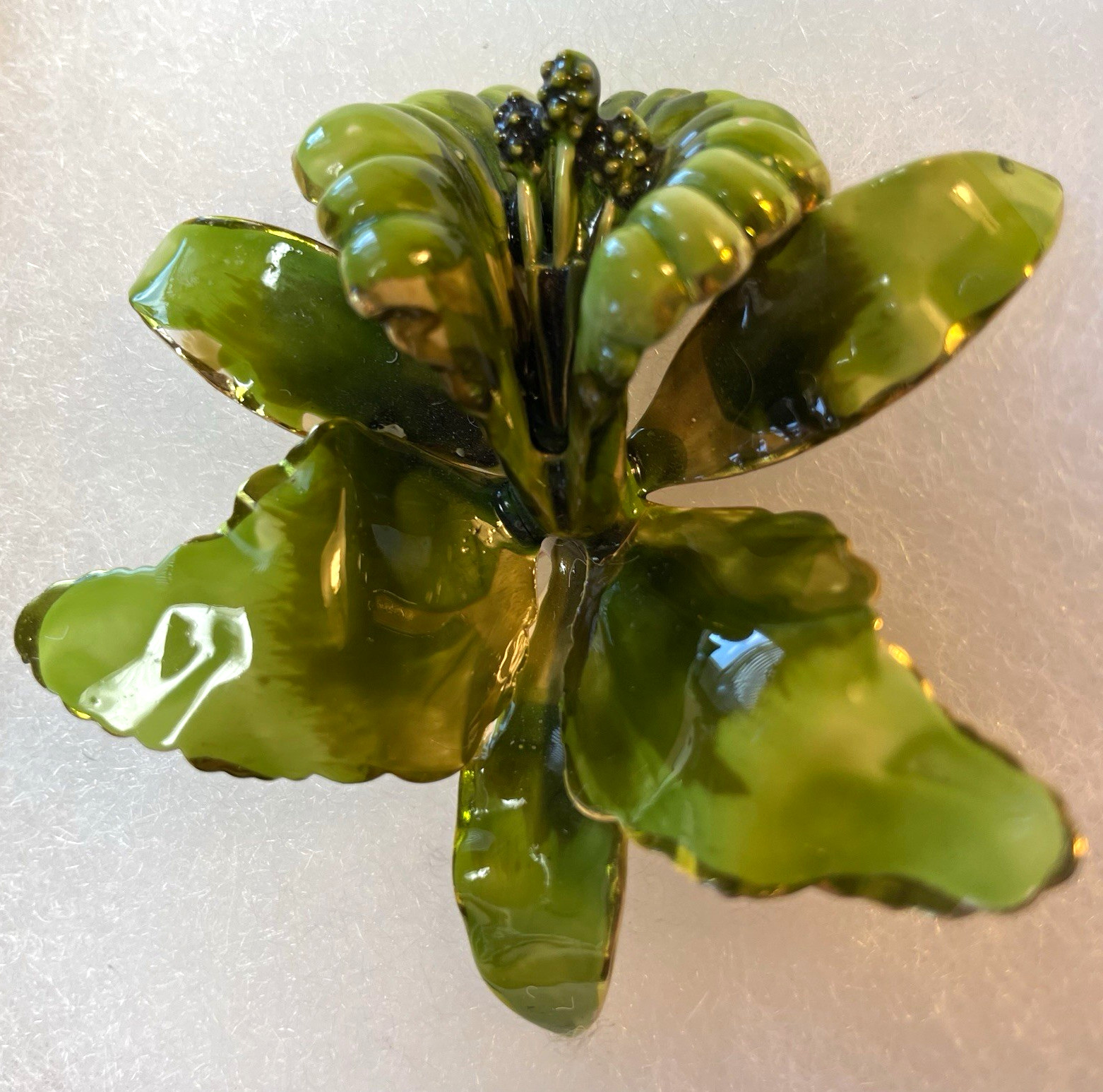 Green Enamel Lily Flower Brooch Gold Rimmed and Gold Tone Metal Pin Closure