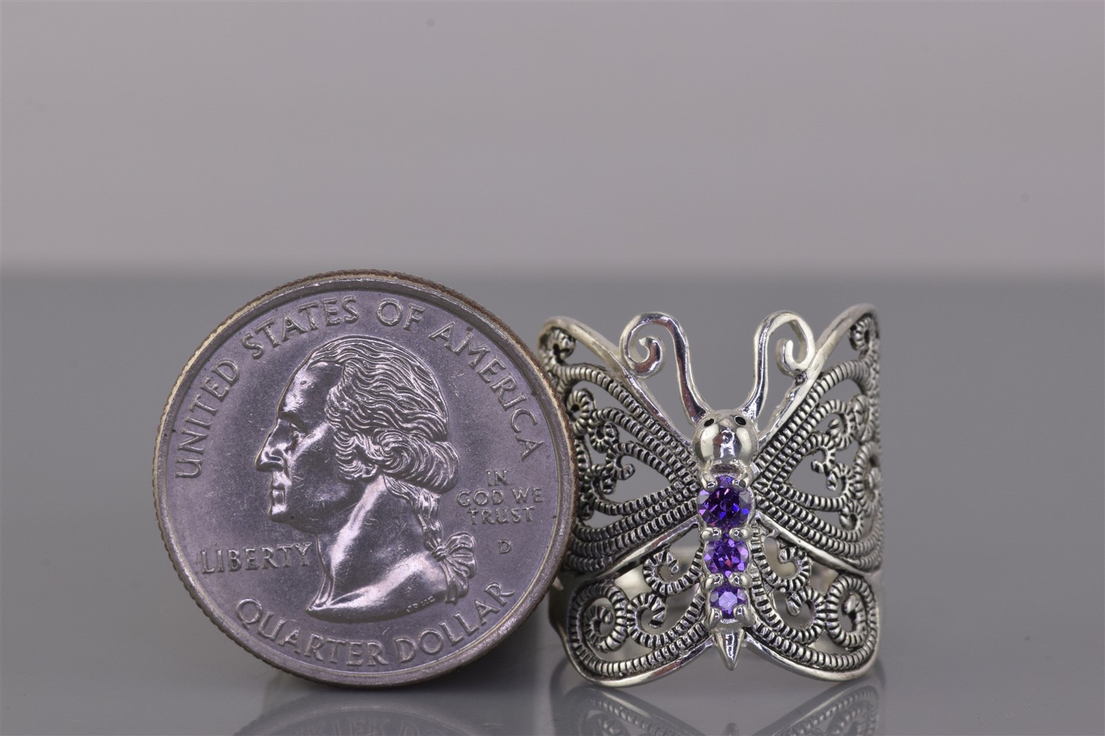 Sterling Silver 21mm Purple Amethyst Butterfly Winged Band Ring 925 Sz: 8