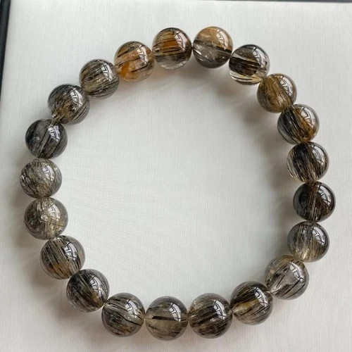 9.3mm Natural Black Rutilated Quartz Crystal Beads Bracelet 1996