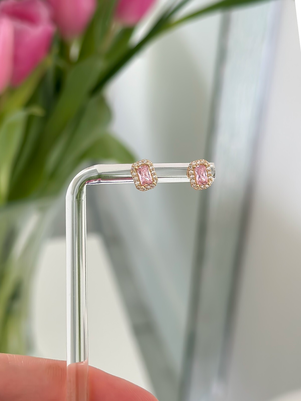 14K SOLID Gold Stone Earrings, Cubic Zirconia Studs, Gift Women, 585 Yellow Gold