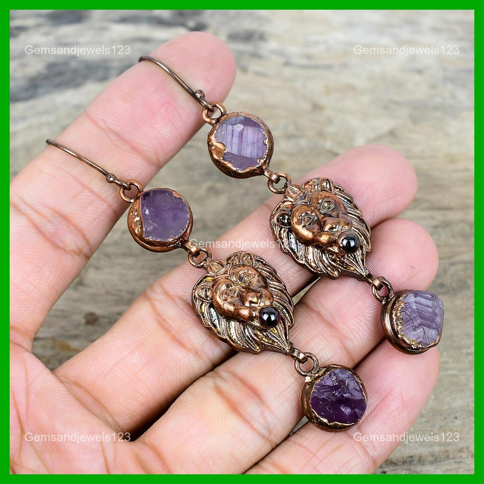 African Amethyst Rough Gemstone Earrings Electroformed Copper Lion Face Earring