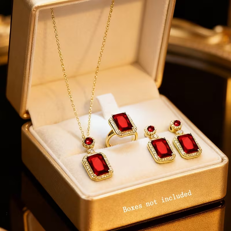 Women’s Red Crystal Jewellery Set Necklace Earrings Ring Gold Vintage Gift